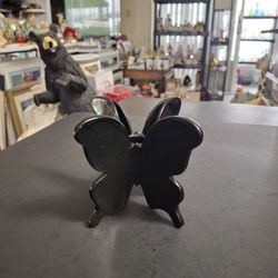 Vintage Vandor Japan Glazed Ceramic Black Double Butterfly Taper Candle Holder 4"H X 4"W 