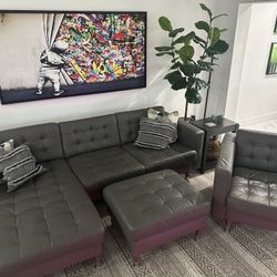 Grey Leather Couch, Arm Chair And Ottoman