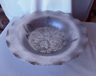 Vintage Metal Bowl with Engraved Floral Design