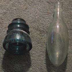 Antique Torpedo Bottle & 3 Vintage Glass Insulaters
