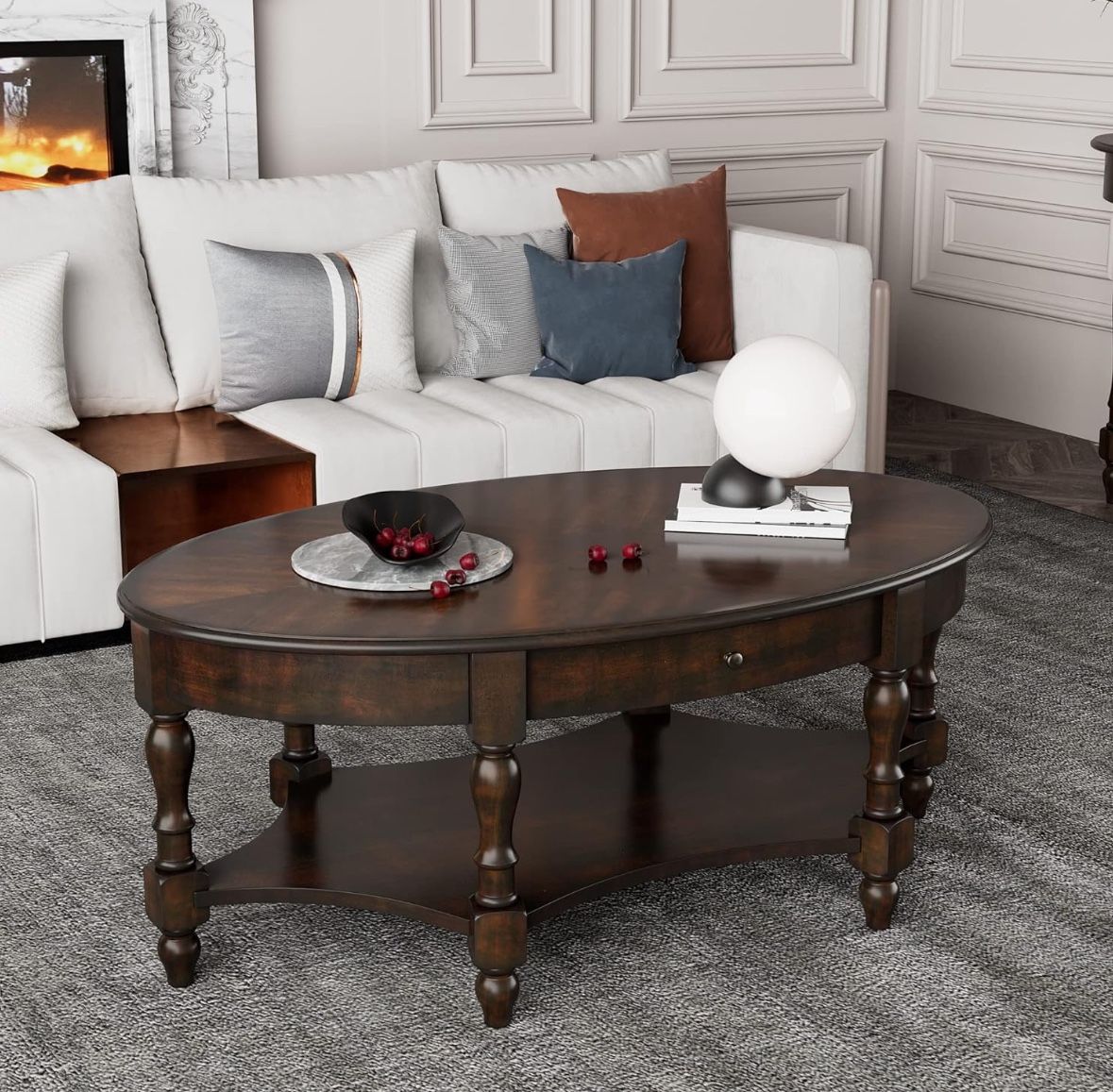 Oval Coffee Table for Living Room, 2-Tier Solid Wood Coffee Table with Storage Drawer, Dark walnut  E-1