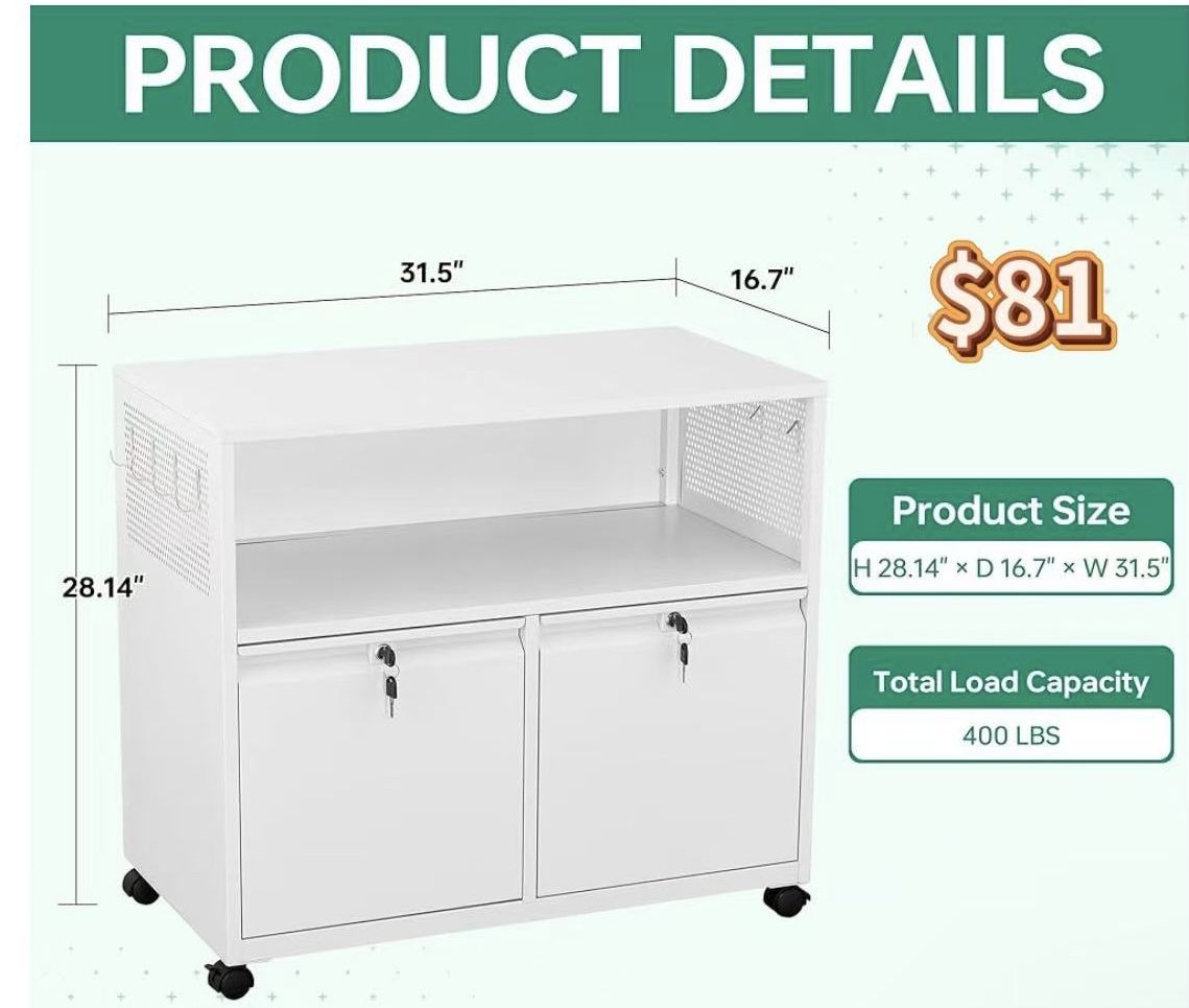😀 Letaya Mobile 2 Drawer File Cabinet with Lock, Metal Lateral Printer Stand Filing Storage Cabinets with Shelves for Home Office-A4/F4/Letter (White