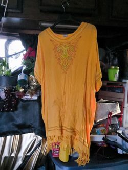 Orange Embroidered Kaftan Tunic with Fringe Hem