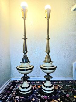 Vintage Stiffel Brass & Cream Enamel Urn Table Lamps - Authentic Working Pair (Hollywood Regency)