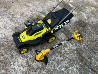 Ryobi 16 inch ONE+ 18V Cordless Battery Walk Behind Push Lawn Mower and Weedeater