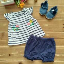 12MOS 2-PIECE SET NAVY & WHITE STRIPED ANGEL SLEEVE TUNIC W/MATCHING BLOOMERS 