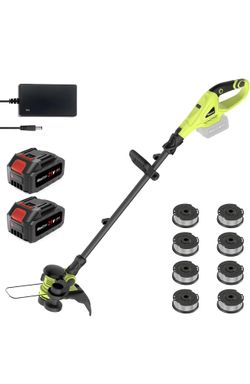 20V 12'' Cordless String Trimmer, Grass Trimmer&Edger with 8 Replacement Spools, Battery Powered Weed Trimmer with Auto Line Feed for Garden, Lawn(2*4