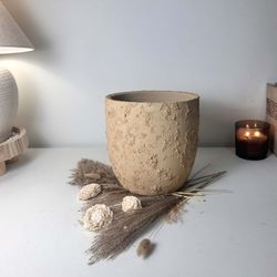 9" tall Minimalist Hand-Painted & Textured Planter Pot with Drainage Hole -Tan