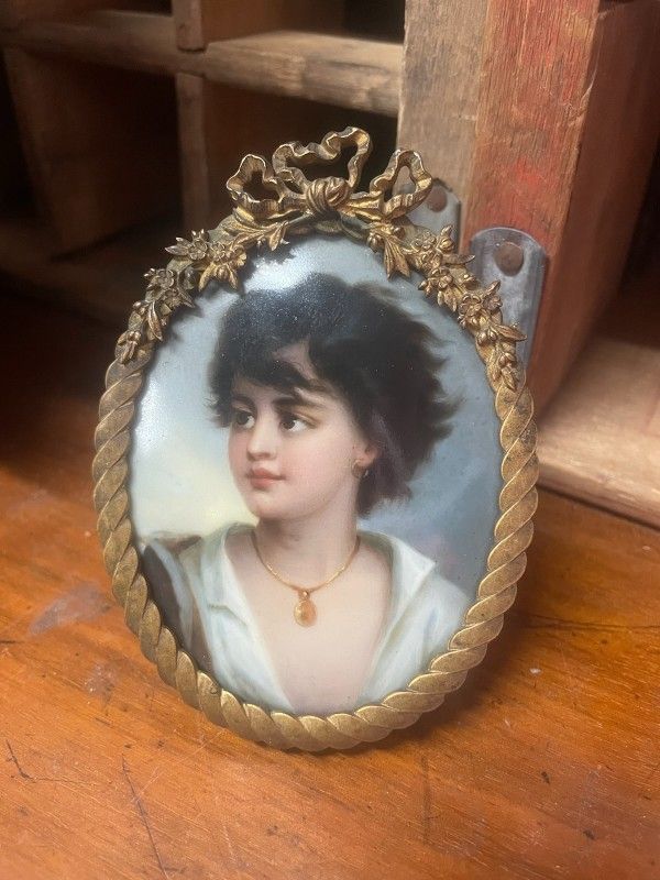 Antique 19th Century Hand painted Miniature Gypsy Neopolitan Fisher Boy In Dore Gold Frame