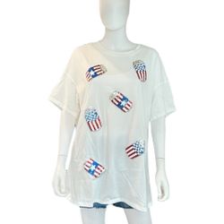 Patriotic Oversized Sequin Beverage White Loose Fit Tee Sz Small