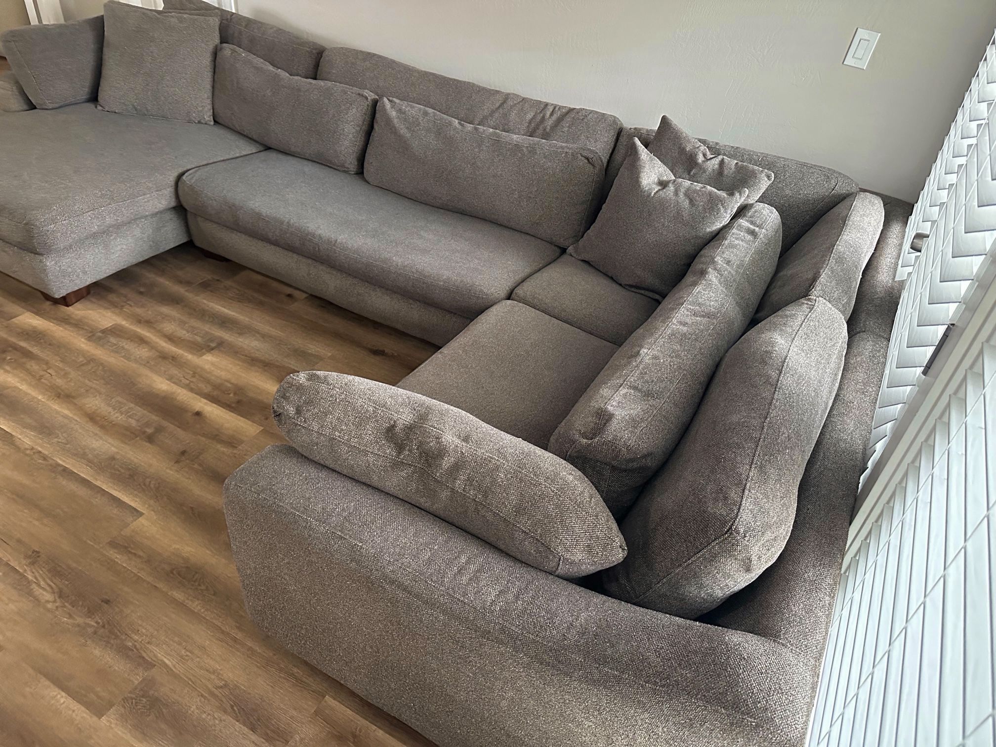 Potato Barn Custom Plush Down Feather Chaise Sectional, Gray Basketweave Performance Fabric