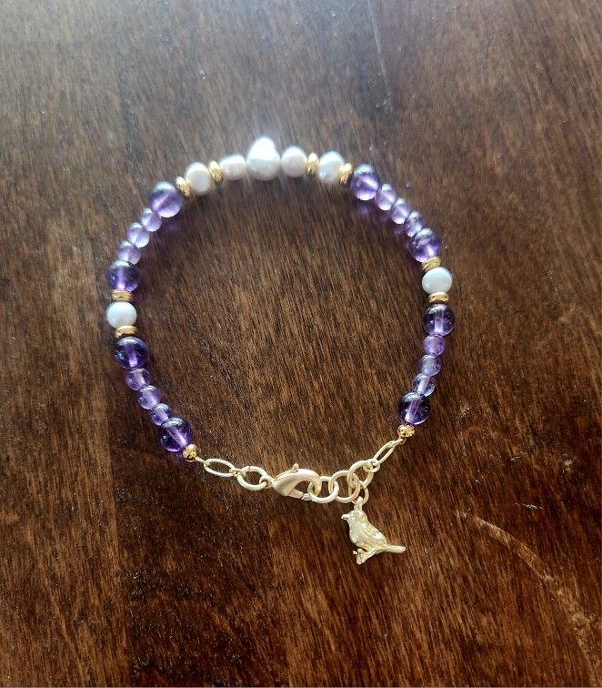 Amethyst Pearl Gold Bird Bracelet