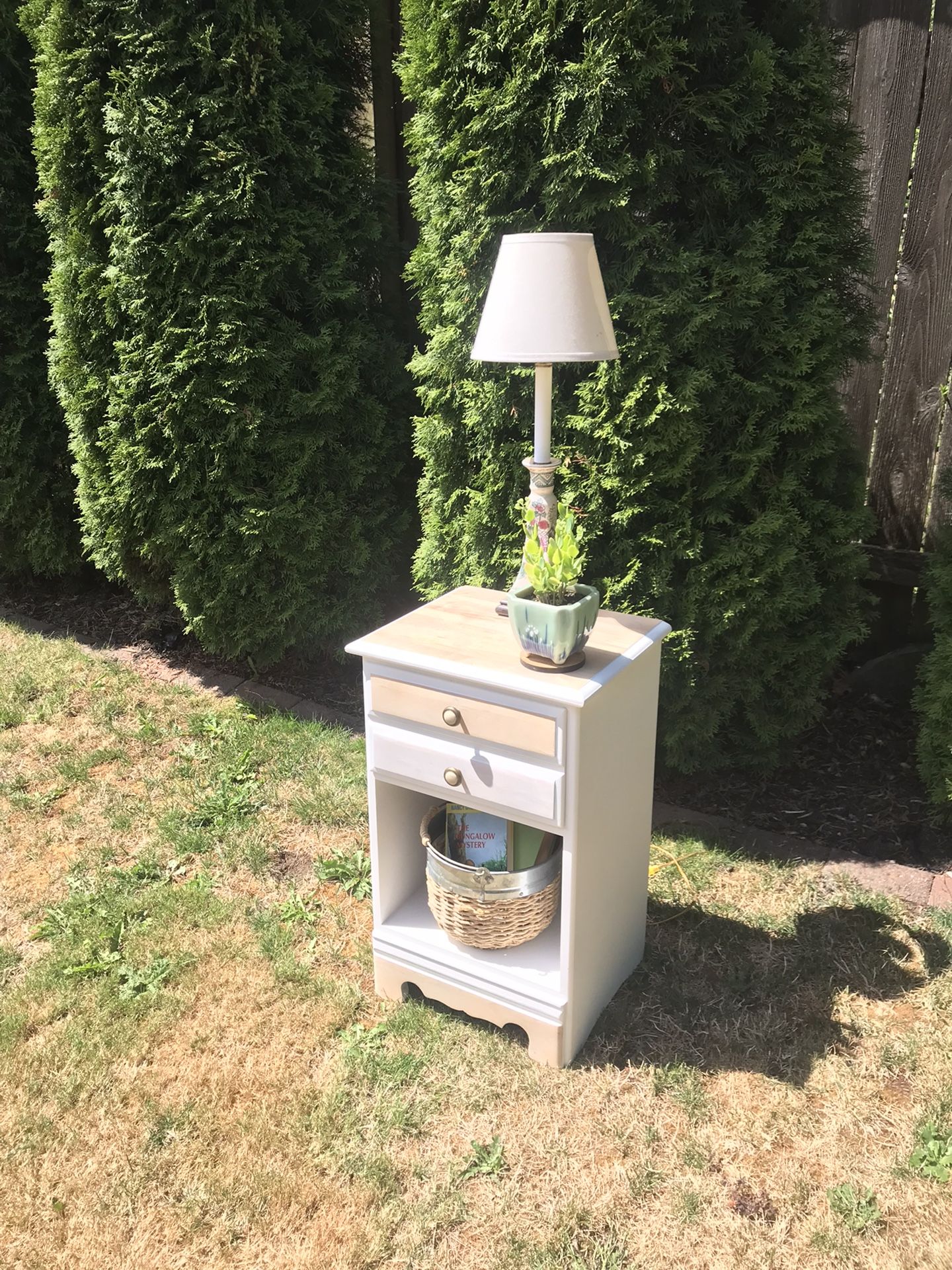 Small white Vintage solid wood nightstand refinished
