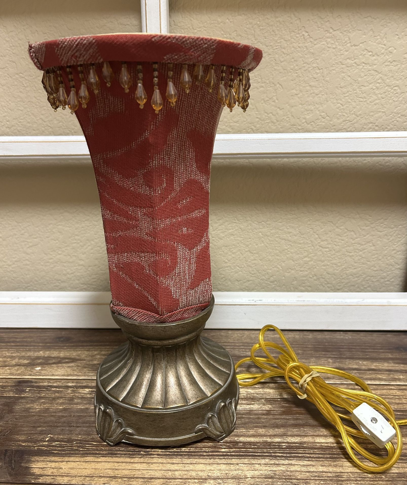 Vintage Table Lamp With Red Fabric Shade & Beaded Trim
