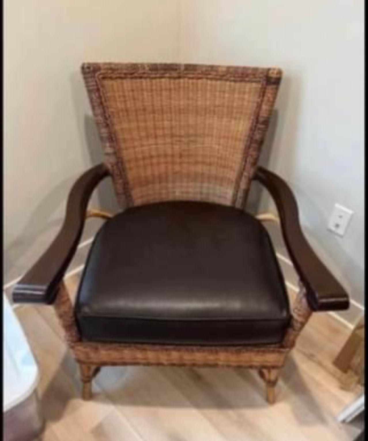 Vintage Large Sturdy Rattan & Wood Chair With Black Leather Cushion
