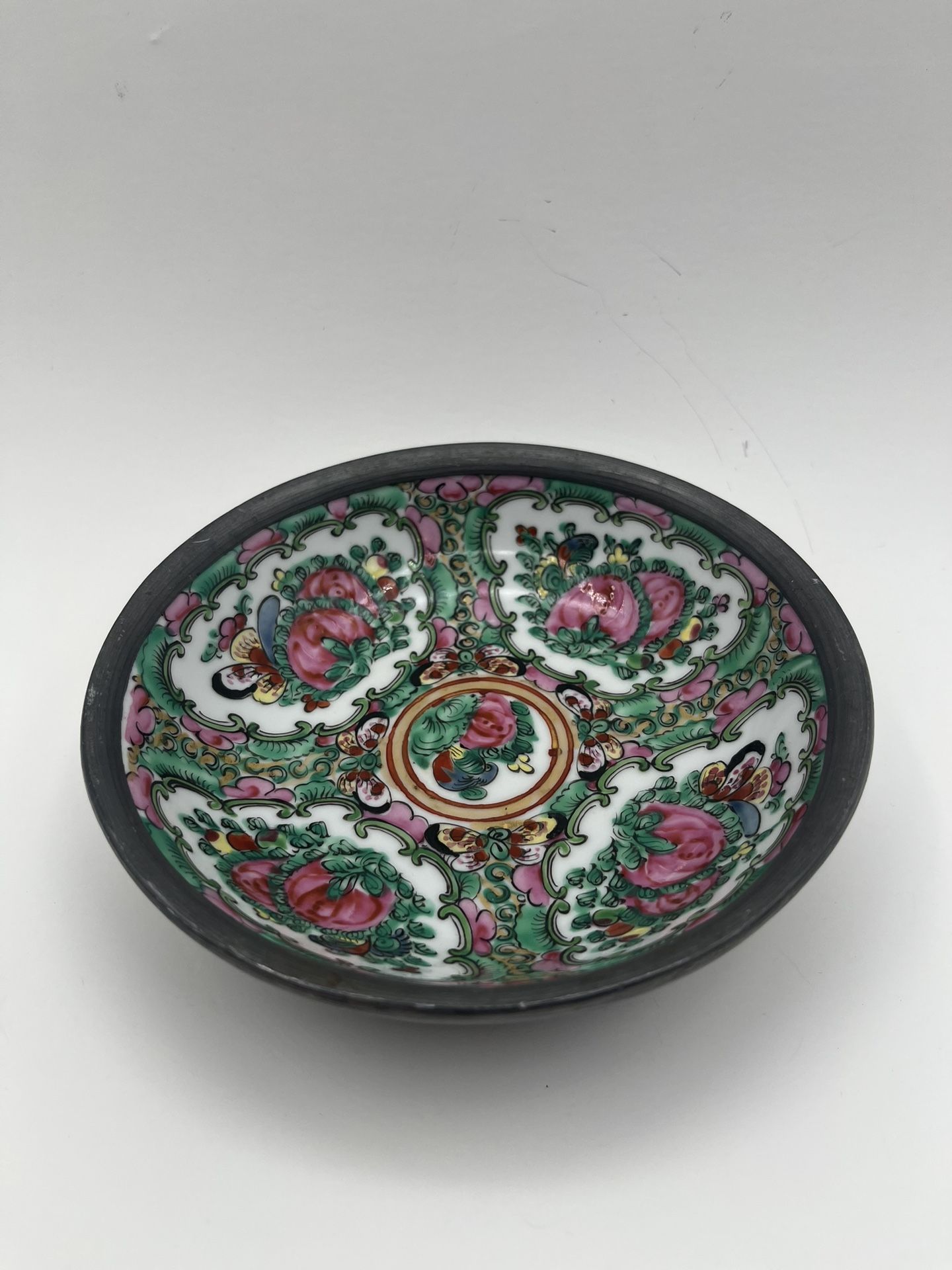 Vintage ISCO A DECORATED IN HONG KONG Porcelain Bowl Pewter Encased Decorated. Diameter: 5.5”
