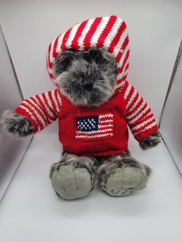 ADORABLE! Dillars Teddy bear Patriotic Knitted Sweater With Hood Soft Faux Fur