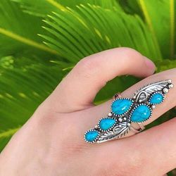 1pc Natural Teardrop Turquoise Ring, Fashionable And Retro, Size 8