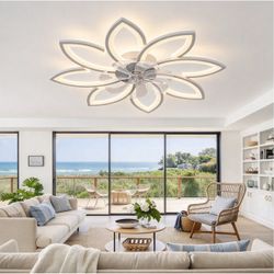 RRBEST White Ceiling Fan with Light, 35.4", Low Profile Flush Mount Fandelier with Remote/App, Dimmable LED fan for Bedroom, Kitchen, Living Room