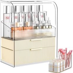 Large Capacity Makeup Organizer for Vanity,Skincare Organizer with Lid,Cosmetic Display Case with 2 Drawers and Brush & Lipstick Holder,Water&Dust Fre