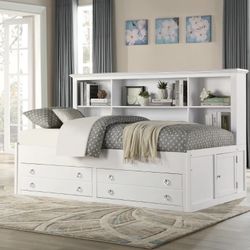 White Full Lounge Bookcase Storage Bed