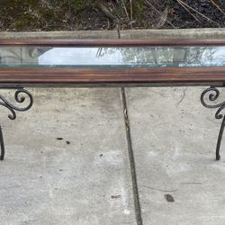 Wrought Iron, Wood, Glass Console Table