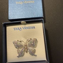 Tara Vanessa Vintage Y2K Butterfly Brooch Rhodium Plated Rhinestones, NIB, 2x1.5