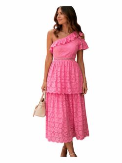 WOMEN'S ONE SHOULDER RUFFLE FLORAL CROCHET TIERED MAXI DRESS