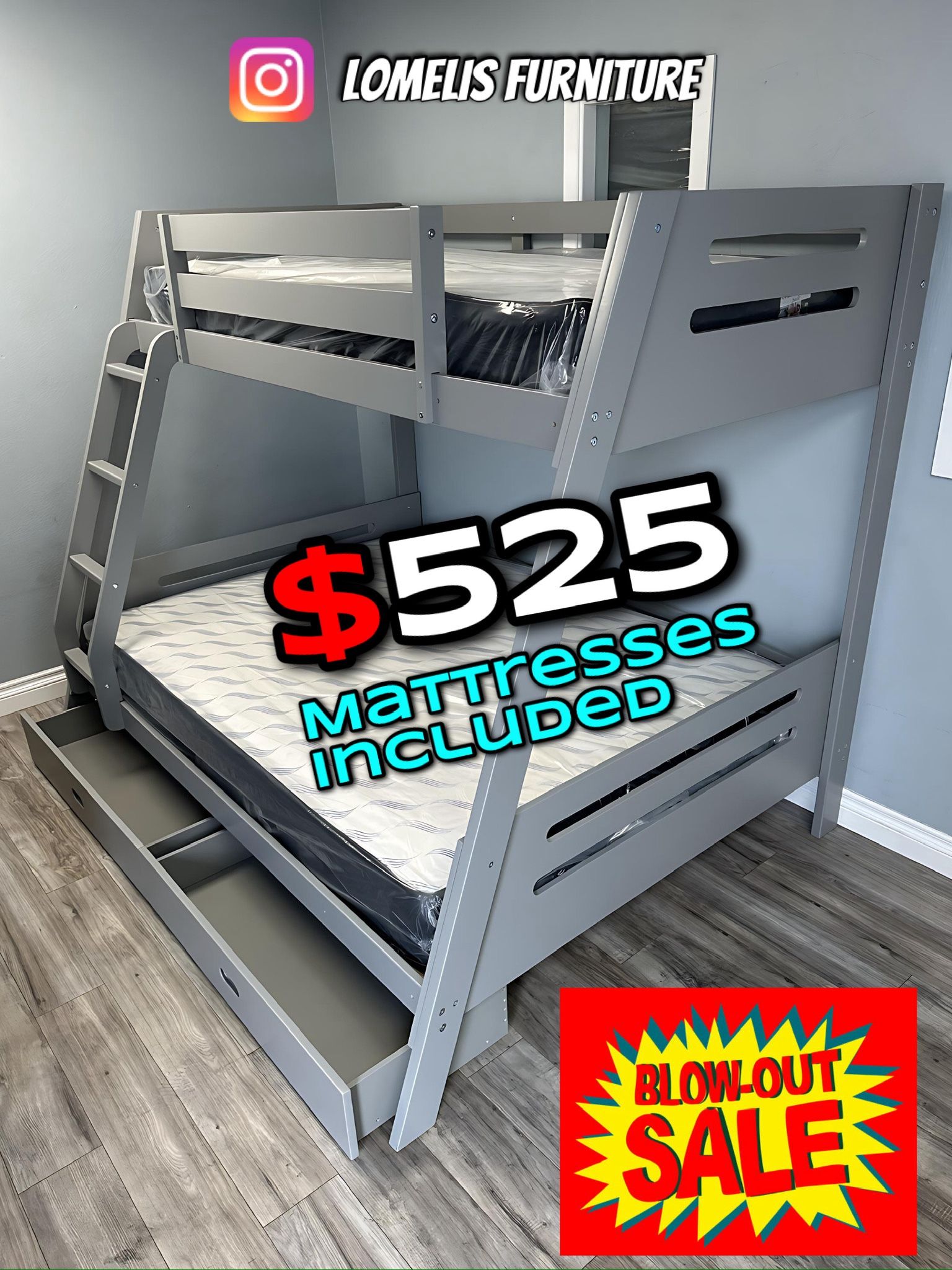 Twin/Full Gray Bunk bed w. Drawers & Ortho Mattresses Included