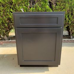 Brand new Bathroom Custom Cabinet Dark Charcoal With Scribe Molding Goes Into Left Side Of Wall 