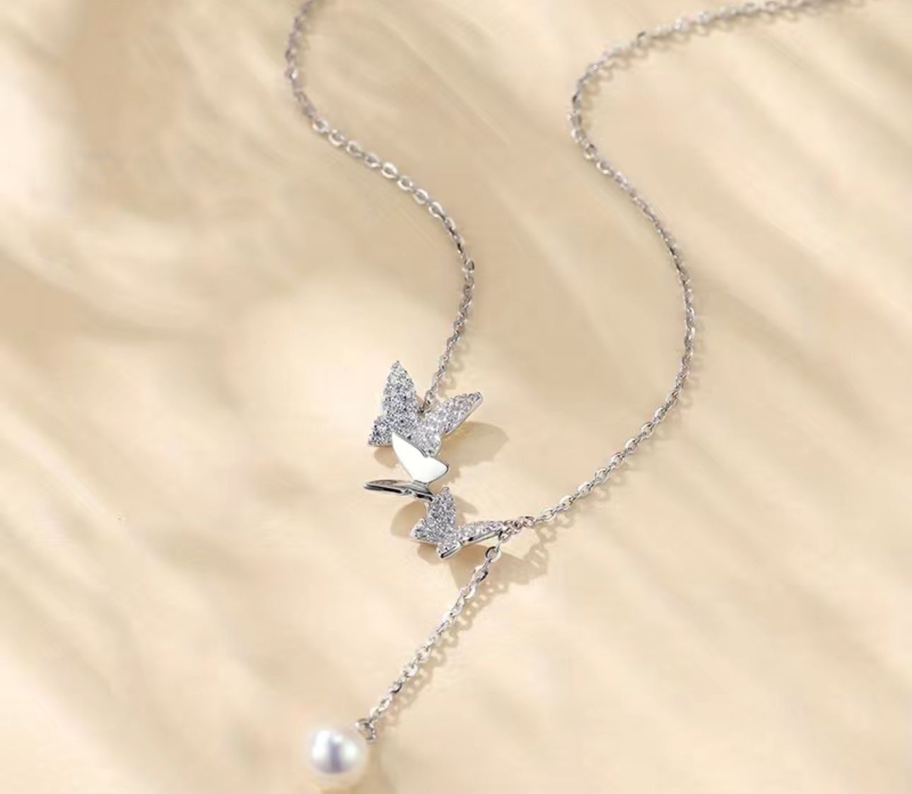 925 Sterling Silver Sparkle Butterfly Tassel Necklace With Freshwater Pearl Luxury Collarbone Chain Jewelry Gift