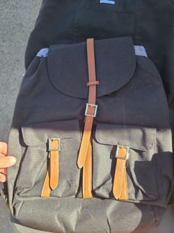 Black Canvas Rucksack Backpack, Tan Straps — Retails $30+, Asking $15