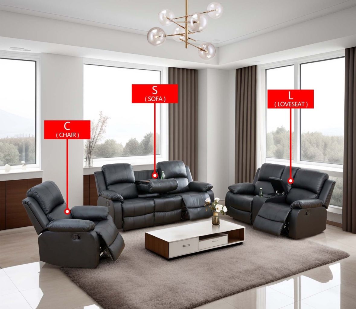 Black Semi PU And PVC 3-Piece Couch Living Room Sofa Set