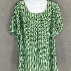 2X Roz & Ali Top Womens Green Geometric Print Short Sleeve Flowy