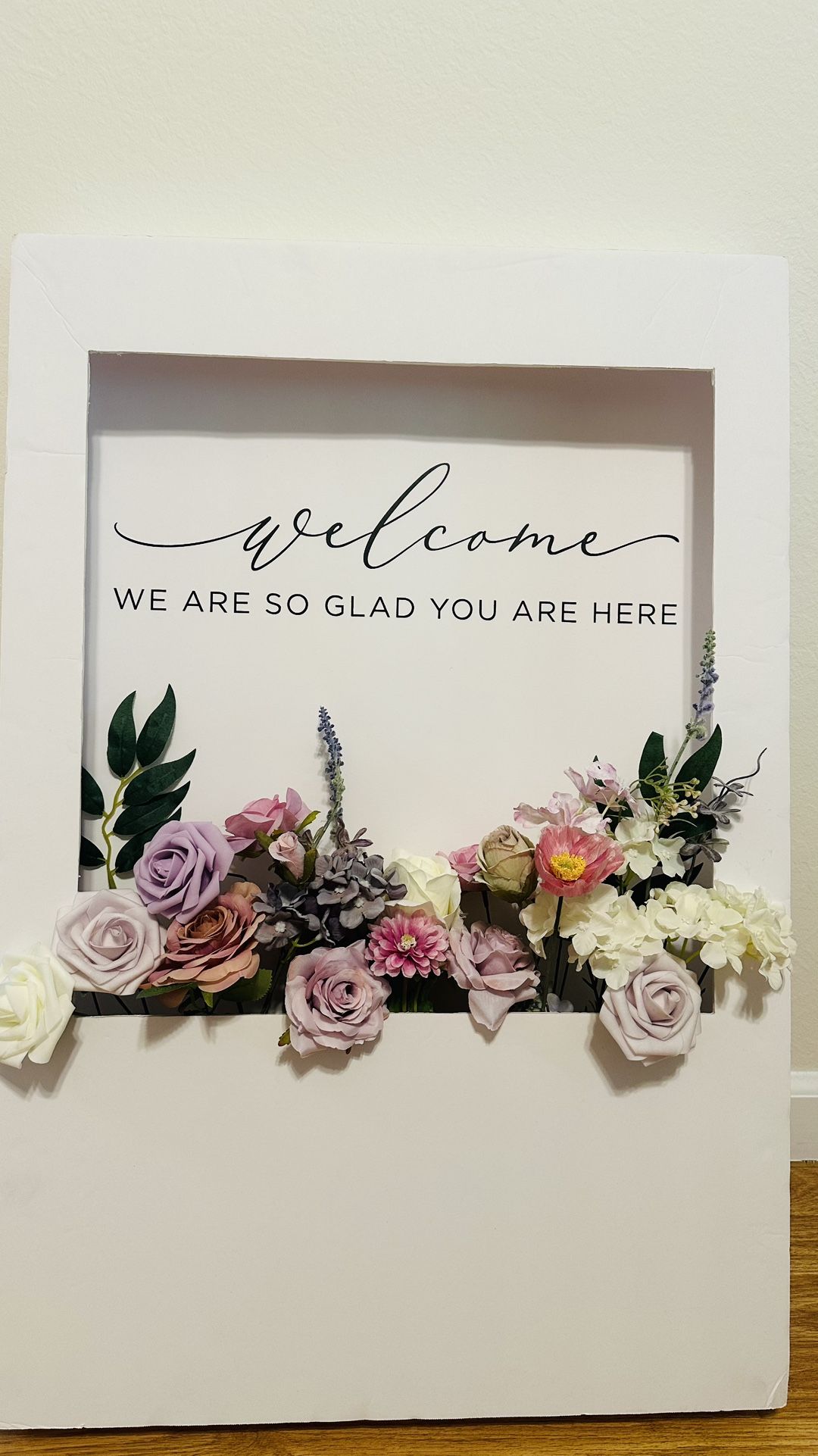 Welcome Sign Box And Artificial Flowers, With Black Easel Stand