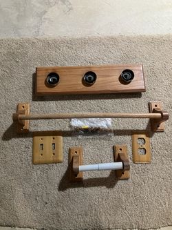 Wood Bath Light Fixture, Towel Bar, Tissue Holder & Metal Wall Plates