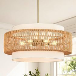 New Rattan Chandelier 25.6in - 6-Light Boho Pendant, Drum Design