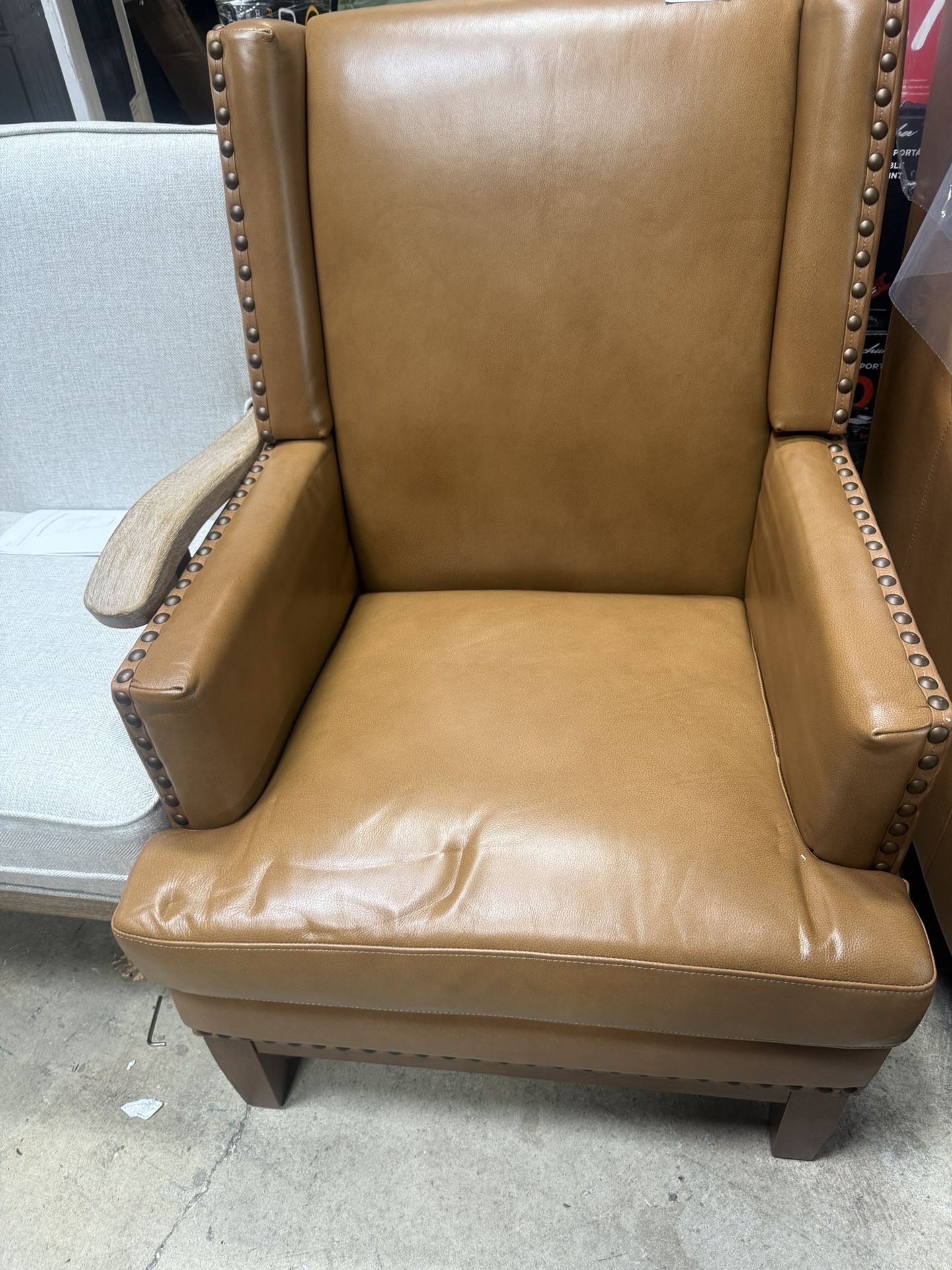 Lourdes Genuine Leather Arm Chair with Solid Wood Frame and Removable Seat Cushion-CAMEL