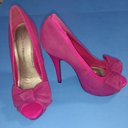 Fuchsia Pink Bowtie Peep Toe Pinup Platform Heels Size 7