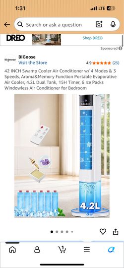 42 INCH Swamp Cooler Air Conditioner w/4 Mode &3 Speed, Aroma&Memory Function, 15H Timer (no window)
