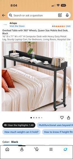 Rolling over-bed table for queen/full size bed