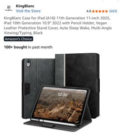 KingBlanc Case for iPad (A16) 11th Generation 11-inch 2025, iPad 10th Generation 10.9" 2022 with Pencil Holder, Vegan Leather Protective Stand Cover, 
