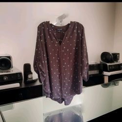 41 Hawthorn Blouse 2X Brown Print Split Neck High-Low Pleated Back Roll Sleeve 