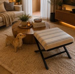 Homepop Home Decor | Modern Square Ottoman with Metal X Base | Ottoman for Living Room & Bedroom | Decorative Home Furniture (Black and White Stripe)