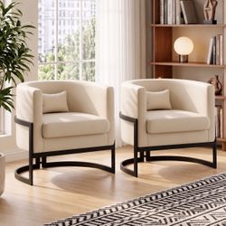 Set of 2 Barrel Accent Living Room Arm Chair faux leather beige Side Chair-Arm Barrel Bedroom Living Waiting Reading Room Reception Area