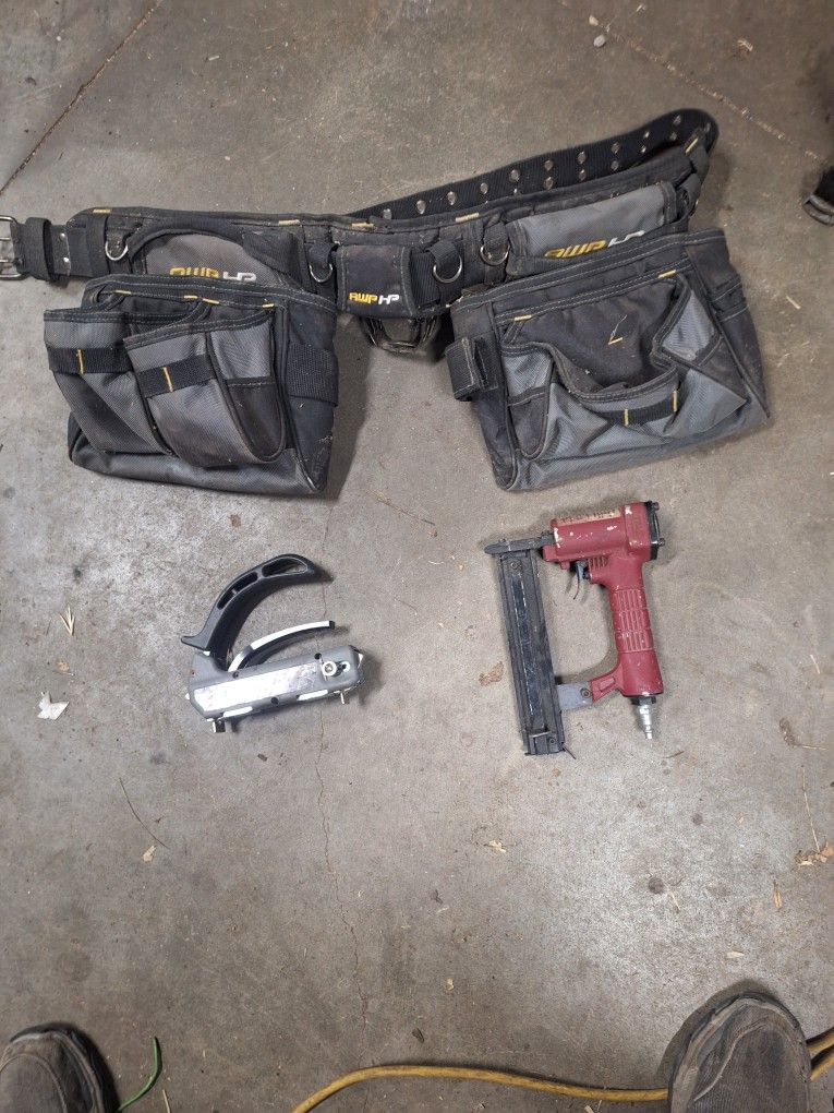 Brad Air Nailer, Camo Flooring Nailer And Tool Belt