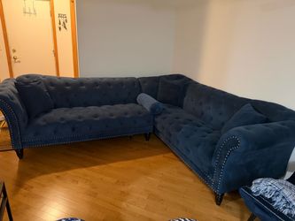 Navy Blue Velvet Tufted Sectional Sofa