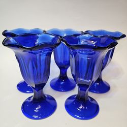 5 Vintage Cobalt Dark Blue Sundae Fountain Fluted Tulip Pedestal Glass Cups 6" 