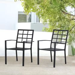 2-Piece Stackable Metal Patio Chairs Set, Outdoor Dining Chairs with Armrests , Cross Back , Black