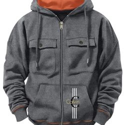 Autumn and Winter Men's Long-sleeve Zip-up Pocket Hoodie, Stylish Sweatshirt Jacket with Eagle Logo Pattern.